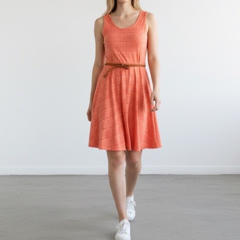 YA Los Angeles Geometric Eyelet Skater Dress Women M Coral Pink Belted Boho Chic
